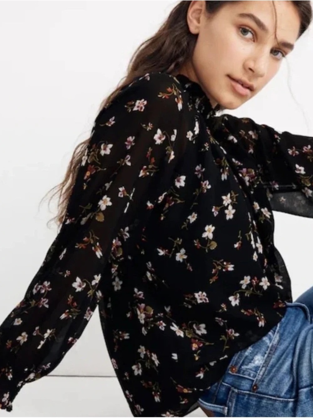 Madewell Black Floral Chiffon Smoked High Neck Top